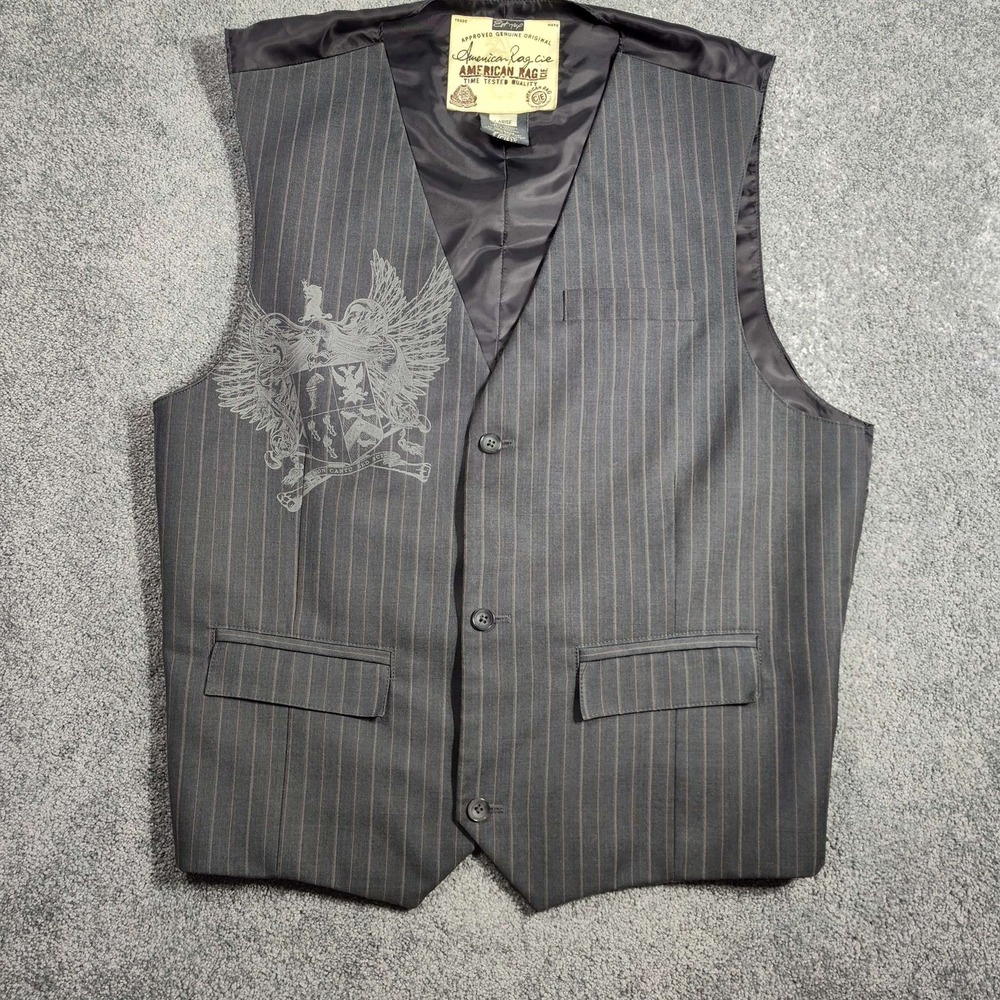 American Rag Pinstripe Vest Mens Large Eagle Graphic Gray Button Front Excellent